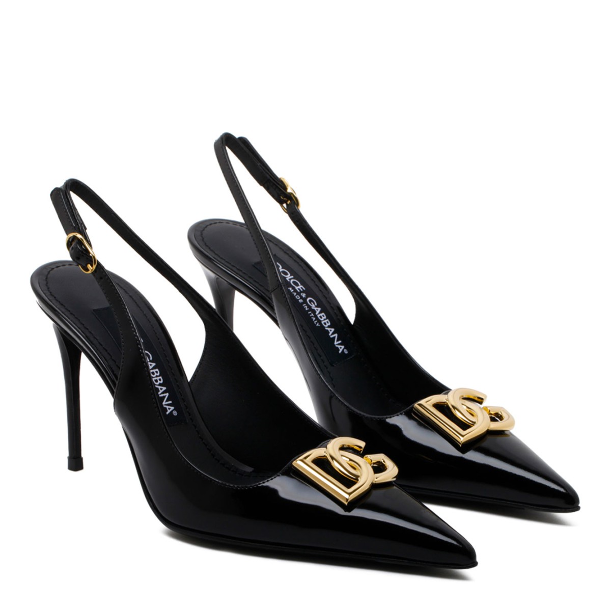 Black Calf Leather Logo Plaque Slingback Pumps