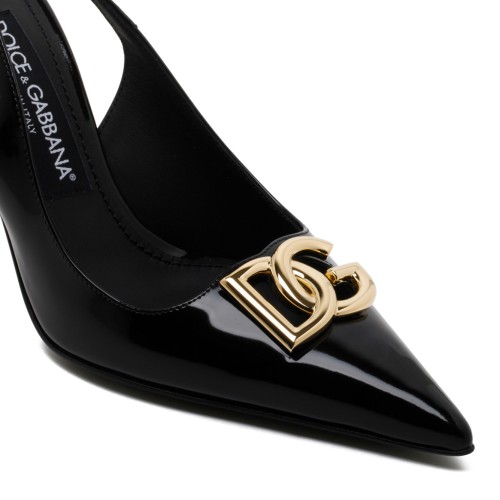 Black Calf Leather Logo Plaque Slingback Pumps