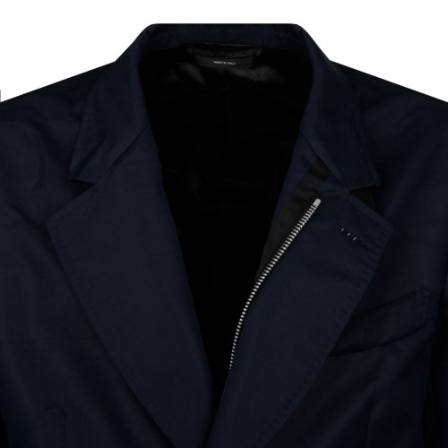 Blue Cotton Blend Single Breasted Jacket