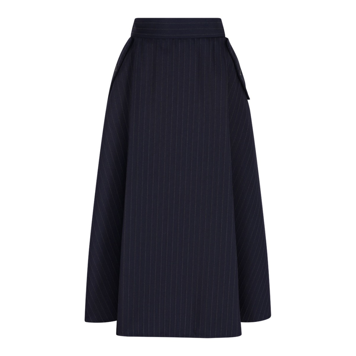 Dark Navy Blye Pinstripe Button-Detailing Midi A-Line Skirt