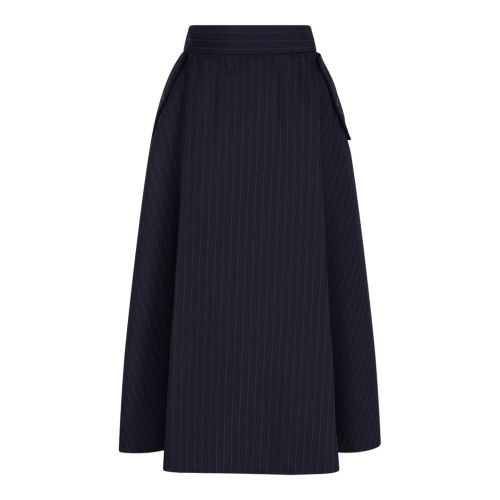 Dark Navy Blye Pinstripe Button-Detailing Midi A-Line Skirt