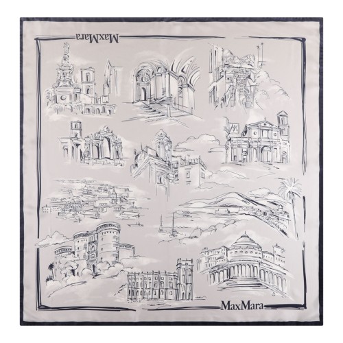 Architectural Print Silk Scarf In Ivory And Blue