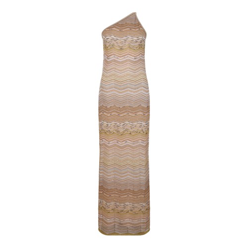 Light Gold Long One-Shoulder Dress With Chevron Motif and Sequins