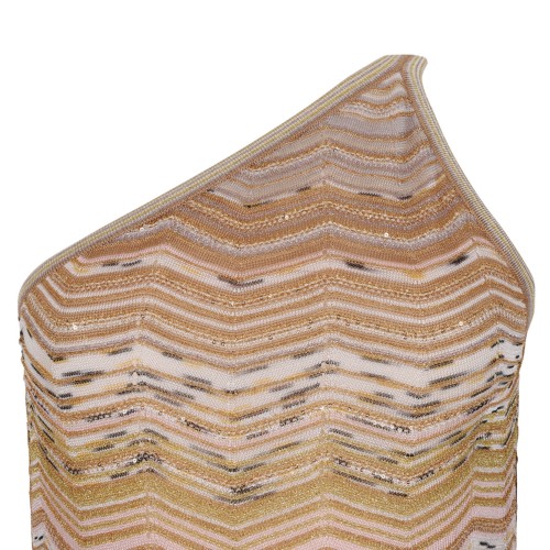 Light Gold Long One-Shoulder Dress With Chevron Motif and Sequins