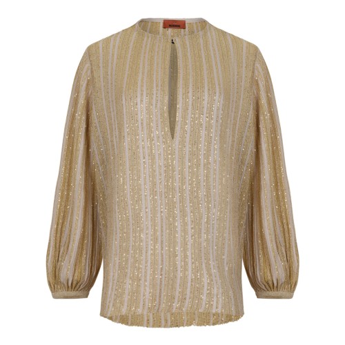 Gold Tones Ribbed Lame Viscose Blouse With Sequins