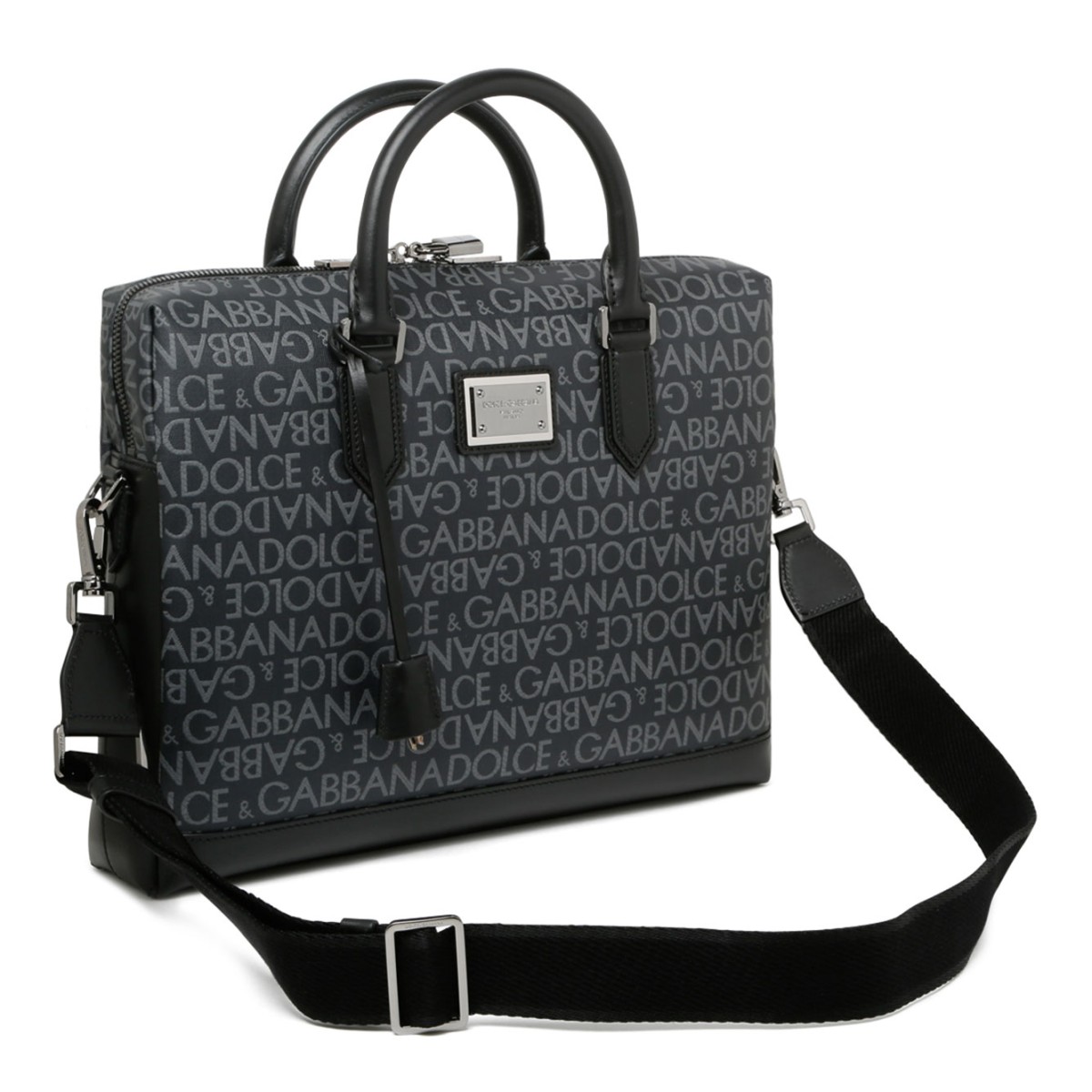 Black and Grey Calf Leather Logo Print Brief Case