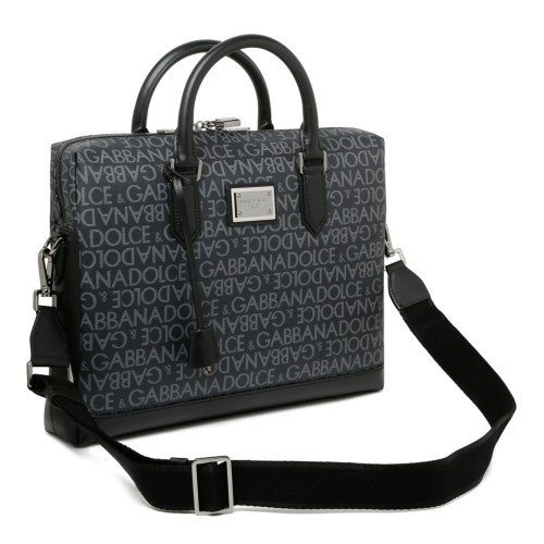 Black and Grey Calf Leather Logo Print Brief Case