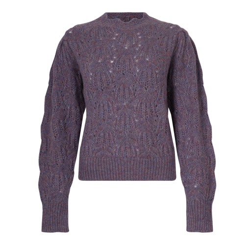 Purple Puff-Sleeve Open-Knit Sweater