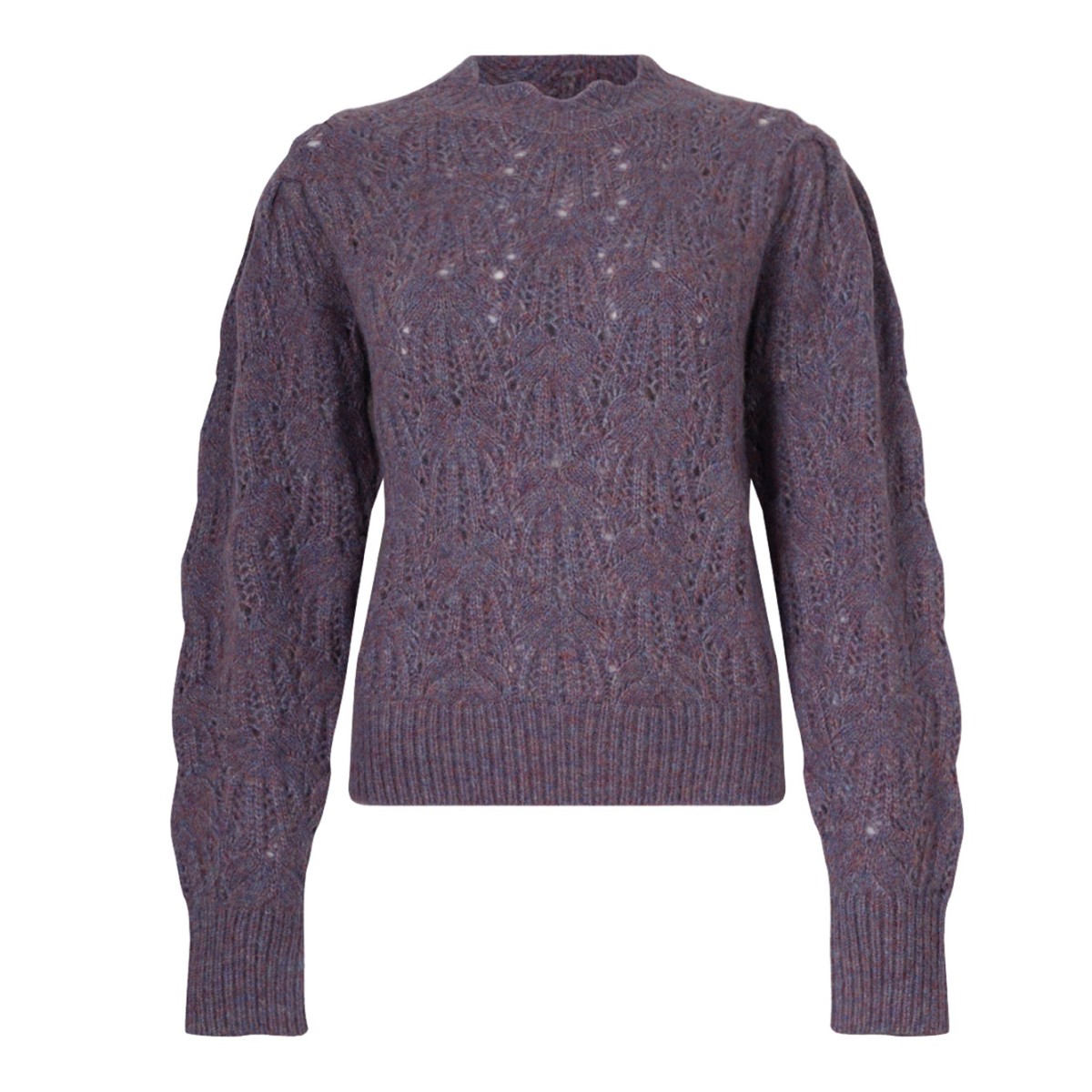 Purple Puff-Sleeve Open-Knit Sweater