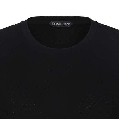 Black Perforated Rib SS Crew Neck T-Shirt