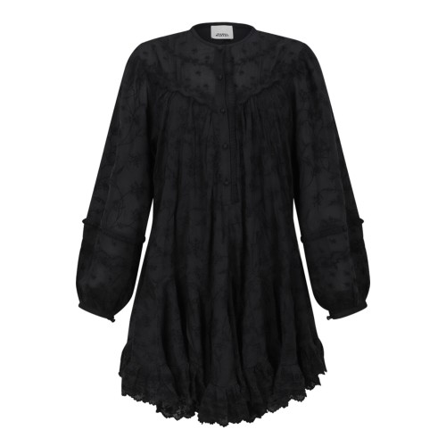 Black Short Dress In Silk Cotton With Zame Flowers