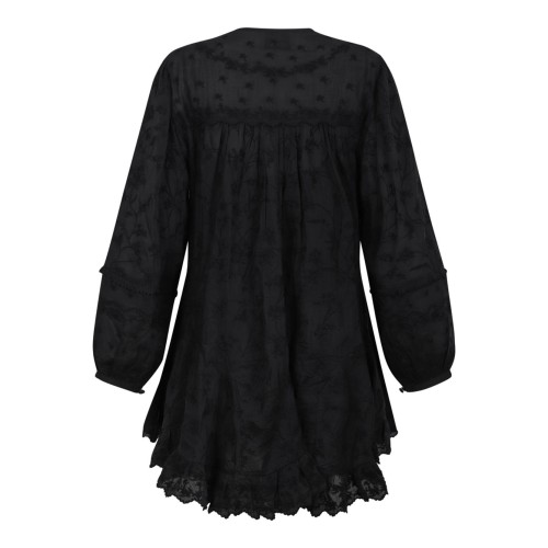 Black Short Dress In Silk Cotton With Zame Flowers 2