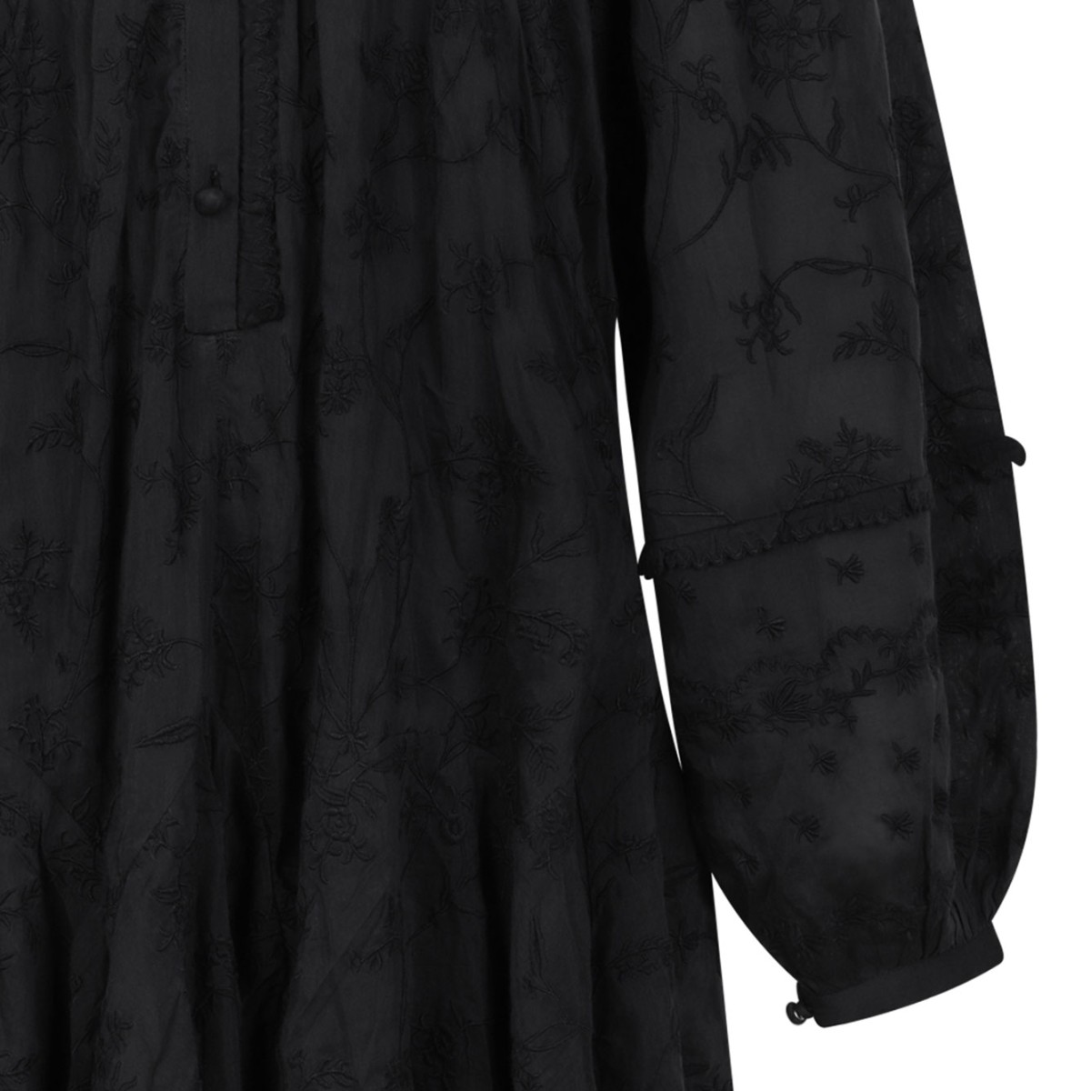 Black Short Dress In Silk Cotton With Zame Flowers