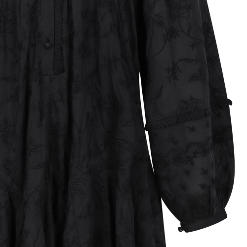 Black Short Dress In Silk Cotton With Zame Flowers