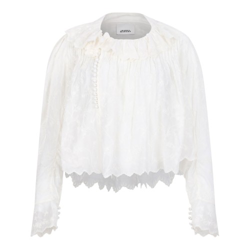 White Zelly Flowered Cotton And Silk Ruffle Top