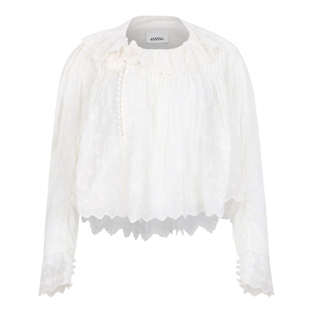 White Zelly Flowered Cotton And Silk Ruffle Top