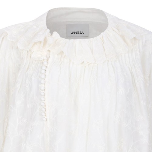 White Zelly Flowered Cotton And Silk Ruffle Top
