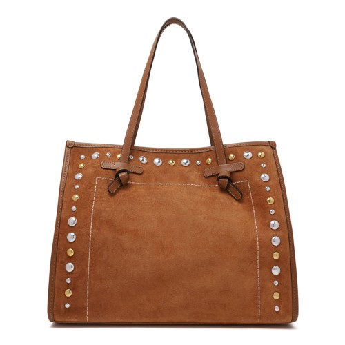 Caramel Suede Tote Bag With Metal Studs