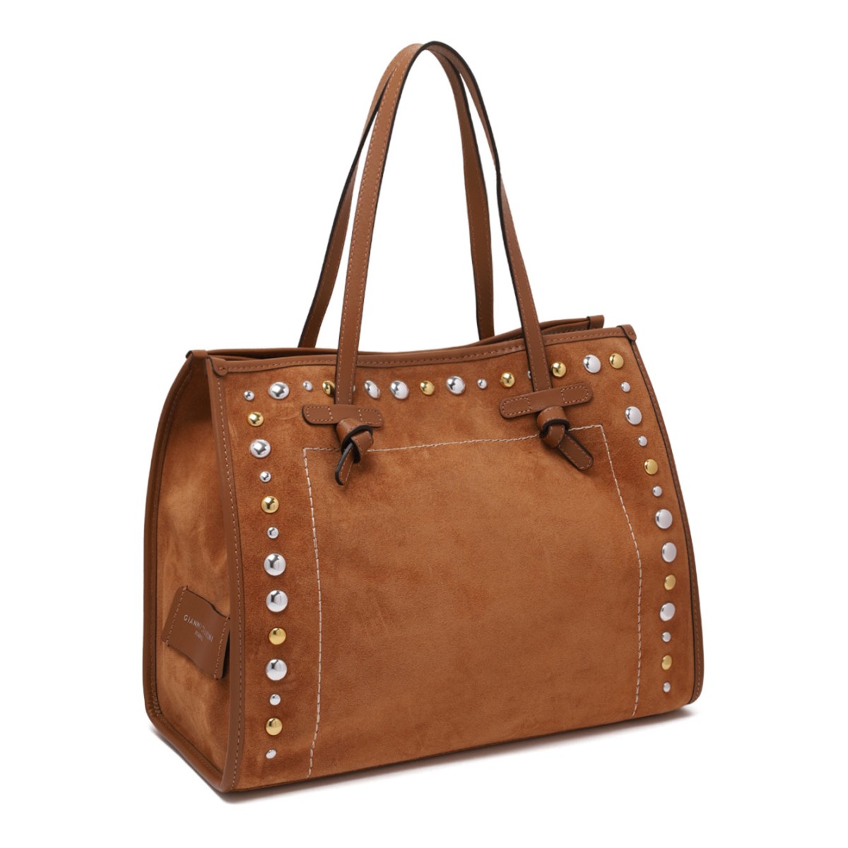 Caramel Suede Tote Bag With Metal Studs