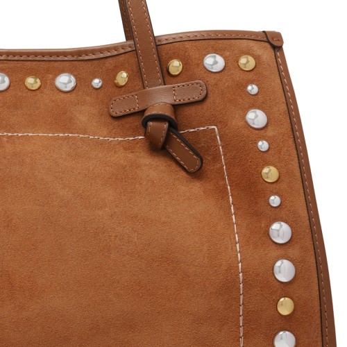 Caramel Suede Tote Bag With Metal Studs