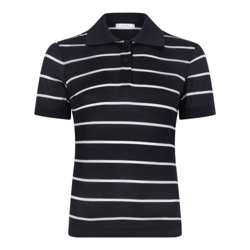 Navy Blue and Ivory Short-Sleeve Polo In Silk