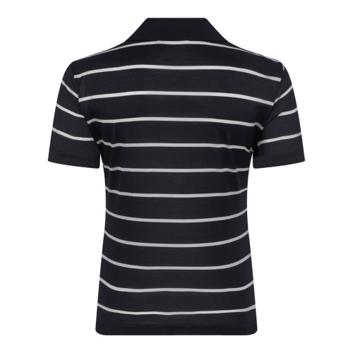 Navy Blue and Ivory Short-Sleeve Polo In Silk