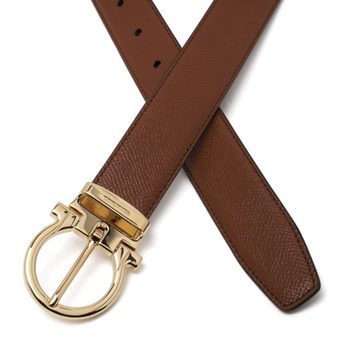Brown Reversible Leather Belt With Gancini Buckle