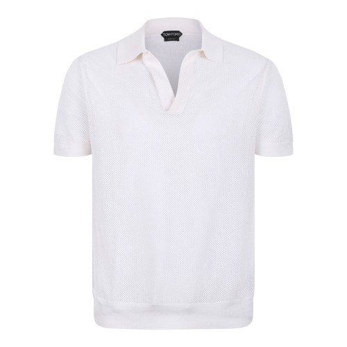 White Short-Sleeve Polo In Silk and Cotton Blend