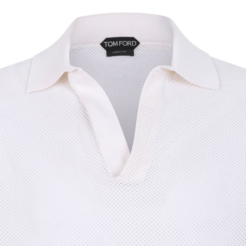 White Short-Sleeve Polo In Silk and Cotton Blend