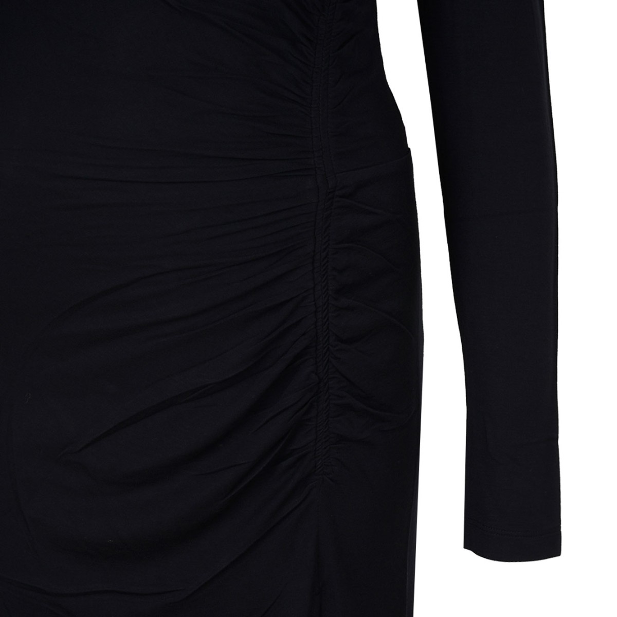 Black Gathered Long-Sleeve Midi Dress
