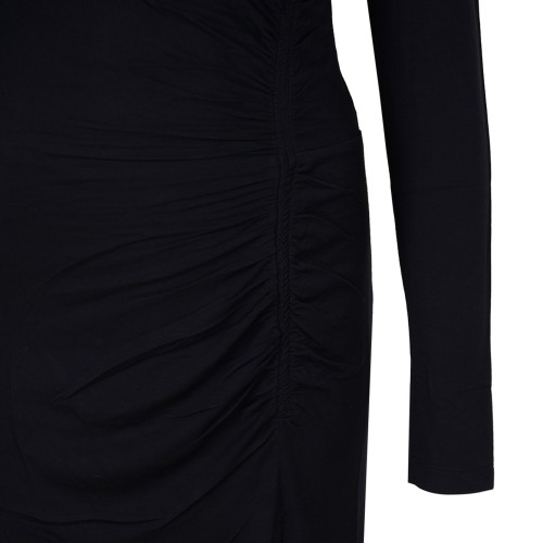 Black Gathered Long-Sleeve Midi Dress