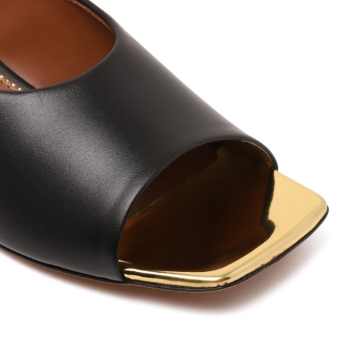 Black Leather Mules With Block Heel