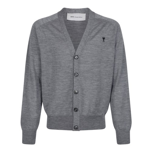 Grey Wool Cardigan With Ami de Coeur Embroidery