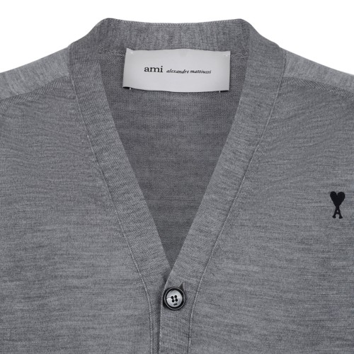 Grey Wool Cardigan With Ami de Coeur Embroidery
