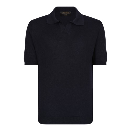Navy Blue Short-Sleeve Polo Sweater In Cotton