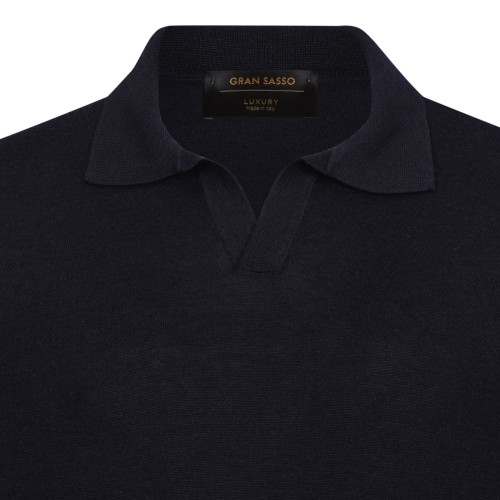 Navy Blue Short-Sleeve Polo Sweater In Cotton