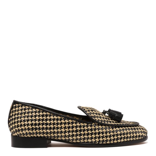 Black and Beige Woven Tassel Loafers