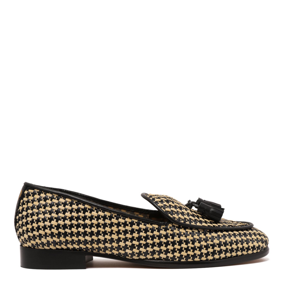Black and Beige Woven Tassel Loafers