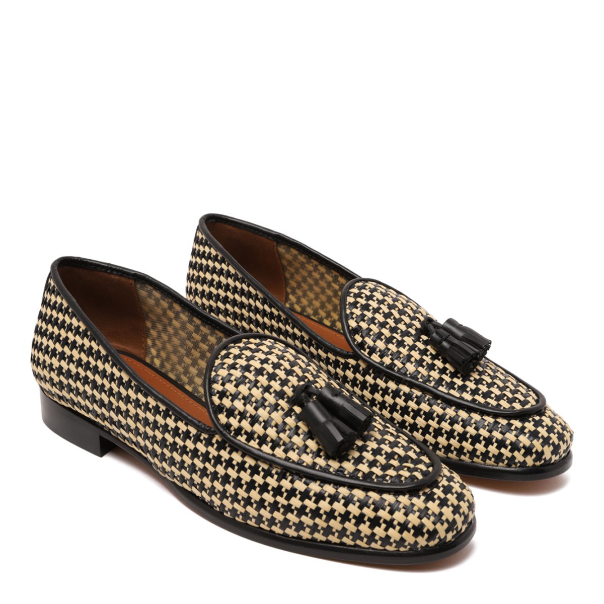 Black and Beige Woven Tassel Loafers