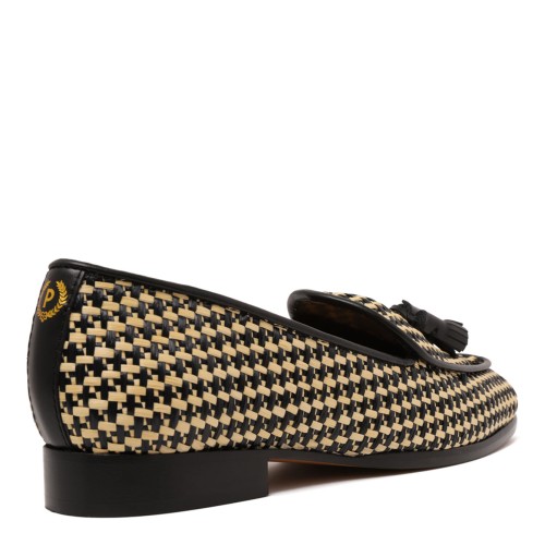 Black and Beige Woven Tassel Loafers