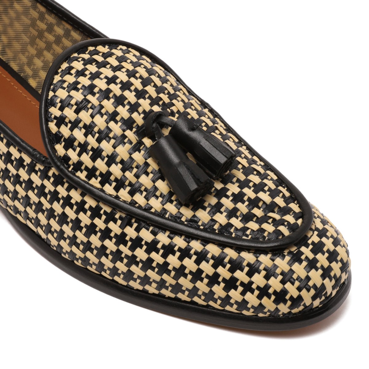 Black and Beige Woven Tassel Loafers