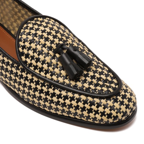 Black and Beige Woven Tassel Loafers