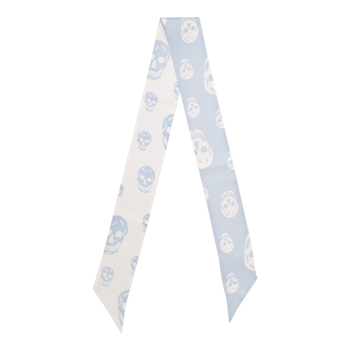 Ice Blue and White Skull Print Silk Twilly Scarf