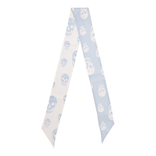 Ice Blue and White Skull Print Silk Twilly Scarf
