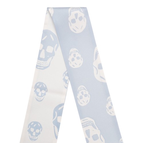 Ice Blue and White Skull Print Silk Twilly Scarf 2