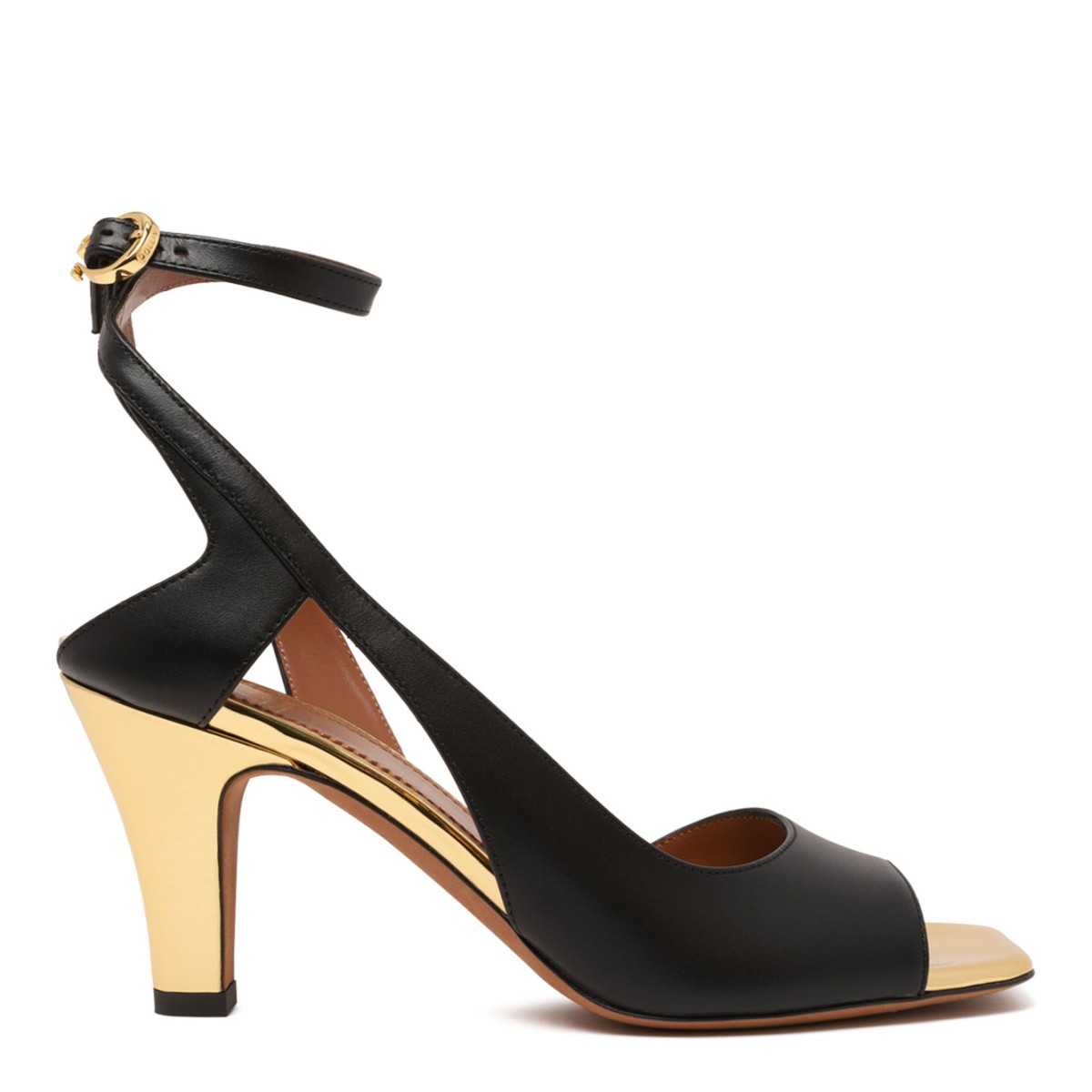 Black Leather Sandals With Metallic Heel
