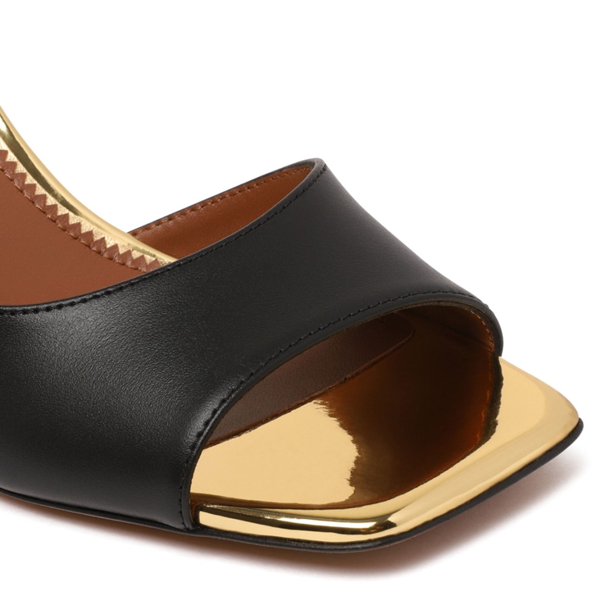 Black Leather Sandals With Metallic Heel