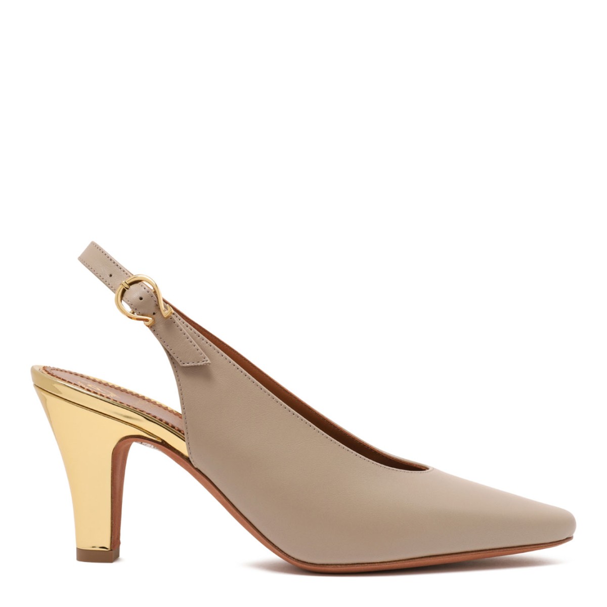 Taupe and Gold Leather Slingback Pumps