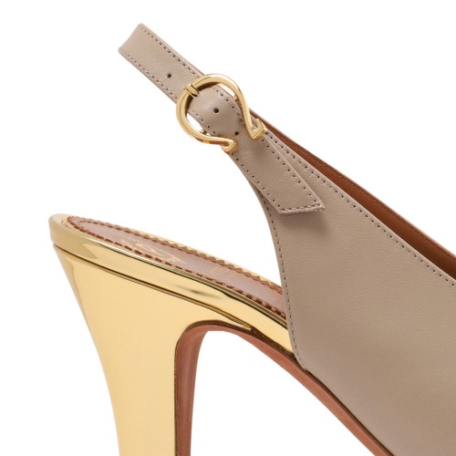 Taupe and Gold Leather Slingback Pumps