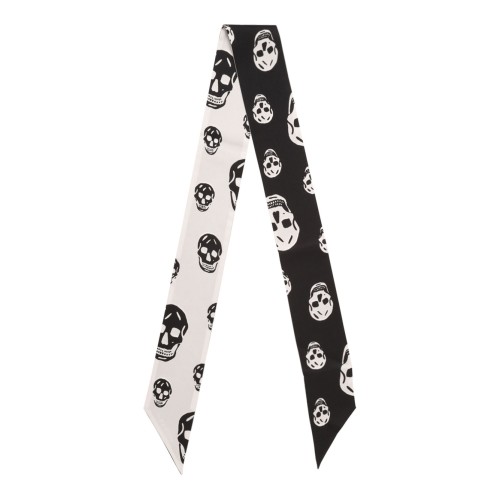 Black and White Skull Print Silk Twilly Scarf